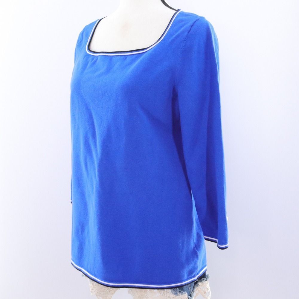 Talbots Blue Square Neck 3/4 Sleeve Sweater‎ Top Women's Medium Trim Detail
